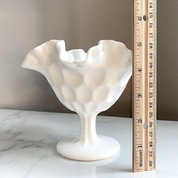 Vintage Milk Glass Thumbprint Bonbon Candy Dish Ruffled Edge Pedestal White 5" - Picture 3 of 7